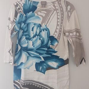 Chico's 3/4 Sleeve Pullover Sweater Animal Print Curved Hem Size 0